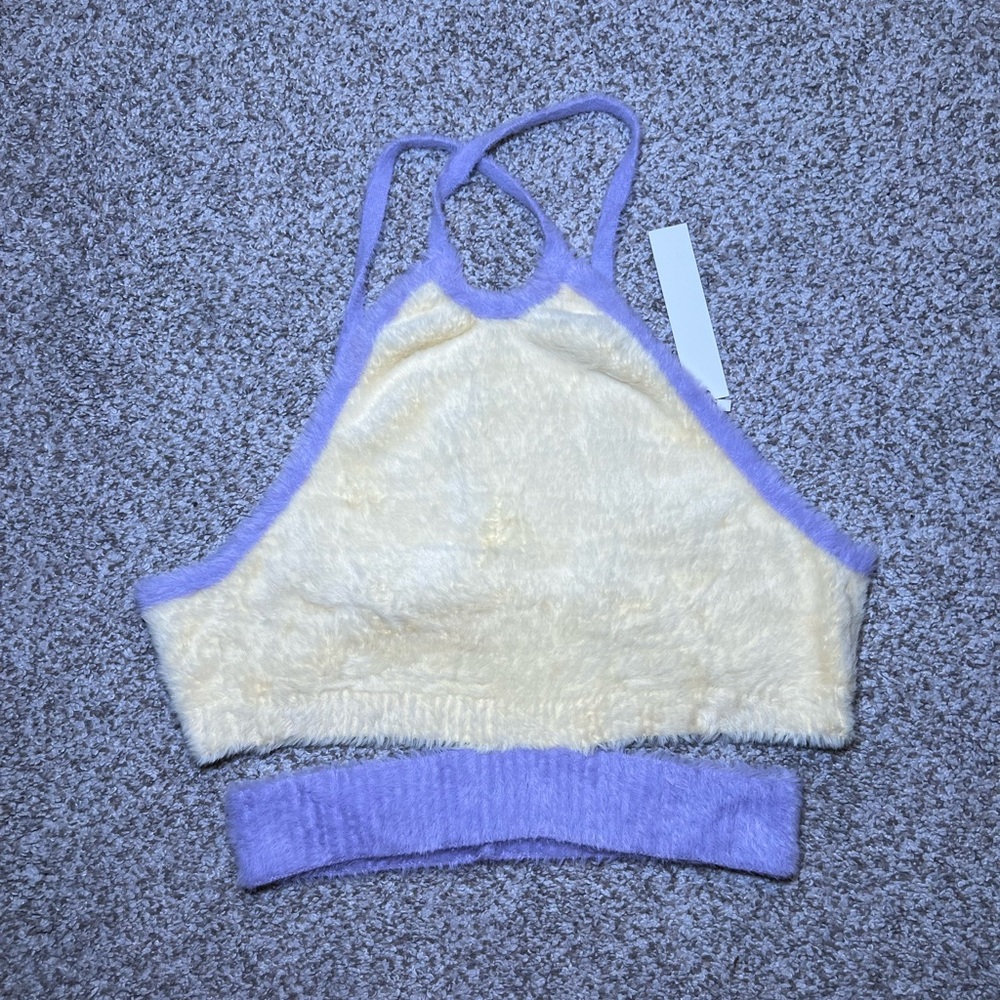NWT For Love & Lemons Yellow and Purple Fuzzy Halter